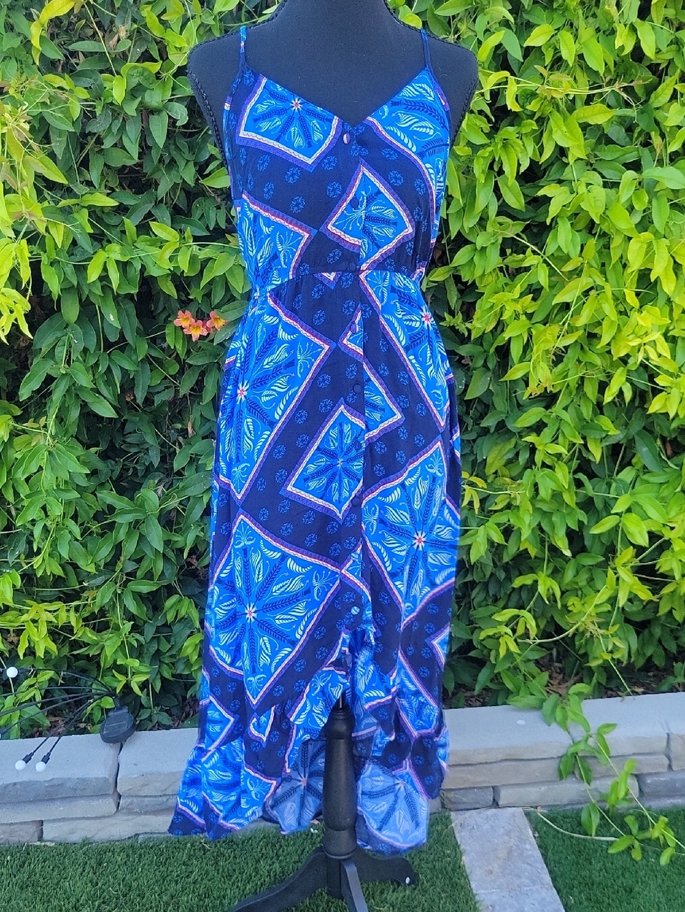 Blue Handkerchief Patterned High Low Ruffle Maxi Dress S